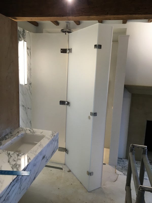 Bespoke frosted glass shower enclosure in Slough luxury bathroom